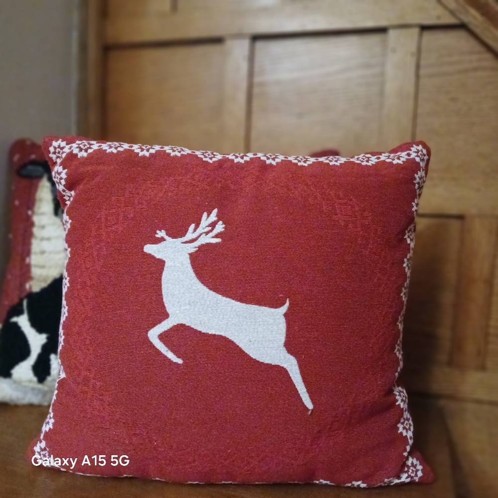 Red Pillow with White Deer Design